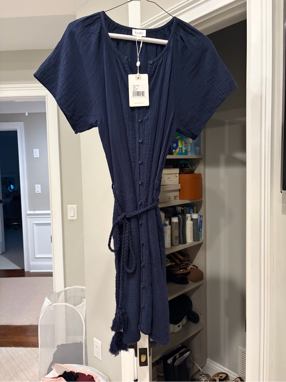 bobi Navy Button-Front Tie-Waist Midi Dress with Short Sleeves